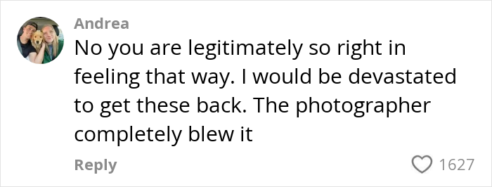 Comente de Andrea expresando devastación sobre las malas fotos de la boda y criticando el trabajo del fotógrafo.
