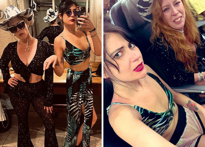 Dos mujeres que posan con atuendos elegantes y una selfie de dos mujeres sentadas, destacando grandes reclamos de discriminación de senos.