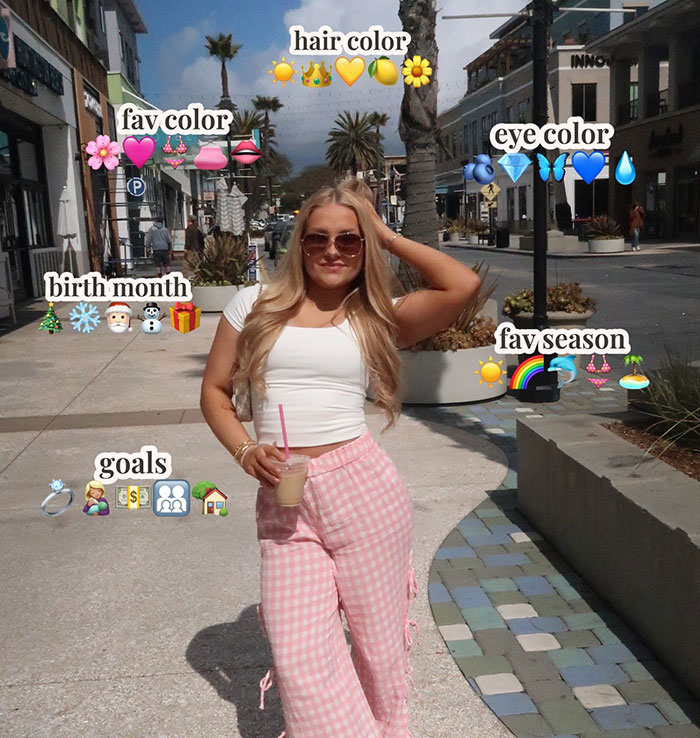 Mujer joven al aire libre con anotaciones sobre el color del cabello, el color de los ojos, el mes de nacimiento, los objetivos y la temporada favorita en una publicación en las redes sociales sobre la maternidad.