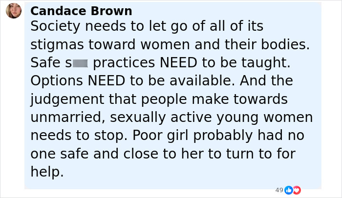 Comentario de Candace Brown en las redes sociales sobre la maternidad y los estigmas que enfrentan las mujeres jóvenes con respecto a las prácticas seguras.