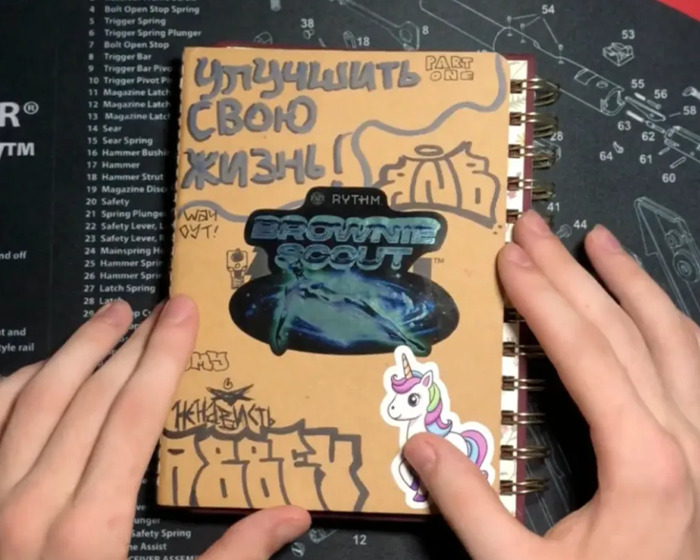 Manos que sostienen un diario con pegatinas y dibujos, relacionados con la novia peluda de Minneapolis y las entradas inquietantes.