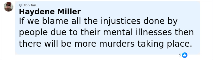 Comentario del usuario de las redes sociales Haydene Miller discutiendo enfermedades mentales y su relación con los asesinatos en una caja azul destacada.