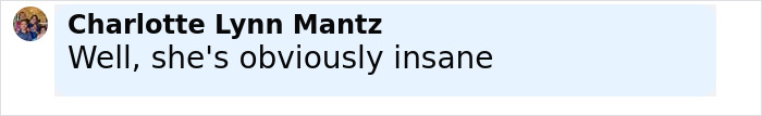 Comentario de Charlotte Lynn Mantz diciendo que obviamente está loca en un cuadro de texto azul claro relacionado con la confesión escalofriante de Amish Amish de Amish.