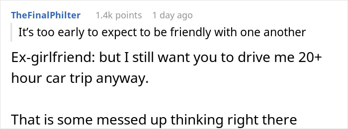 Publicación de texto que muestra un comentario de Reddit sobre una ex novia que exige paseos gratuitos después de la manipulación de la ruptura.