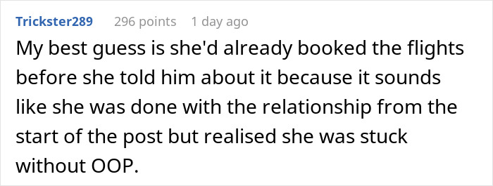 Captura de pantalla de un comentario en el foro que discute a una señora titulada que manipula a su novio para romper y exigir viajes gratuitos.