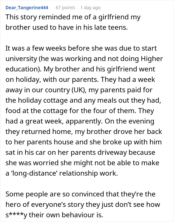 Texto alternativo: Reddit Post compartiendo una historia sobre una dama titulada que manipuló a su novio y exige paseos gratis después de la ruptura