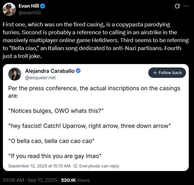 Una publicación que explica las inscripciones sobre el arma de Tyler Robinson.