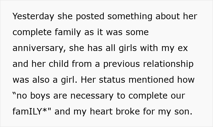 Extracto de mensajes de texto sobre una madre que se jacta en línea sobre tener a todas las niñas mientras se menciona al hijo abandonado del esposo.