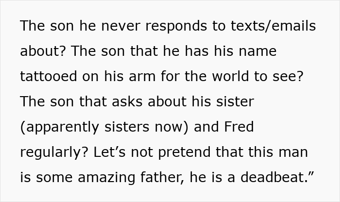 Texto alternativo: mensaje de texto criticando a un padre por ignorar a su hijo abandonado a pesar de los recordatorios visibles y las consultas familiares.