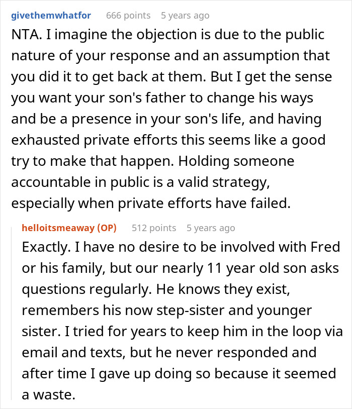 Reddit comenta discutiendo la respuesta pública de una madre sobre el hijo abandonado y la responsabilidad familiar de su esposo.