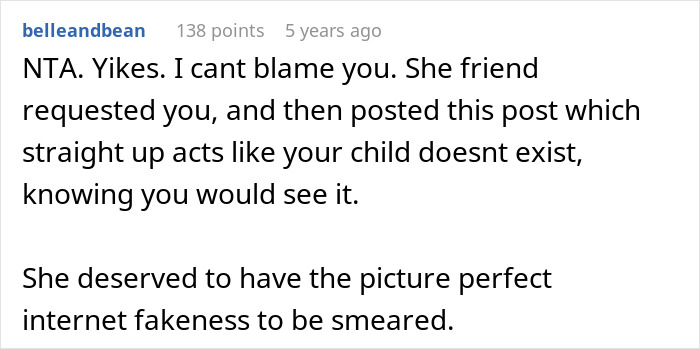 Captura de pantalla de un comentario en línea que llama a una madre que no se necesita sobre los niños necesarios e ignorando al hijo abandonado de su esposo.