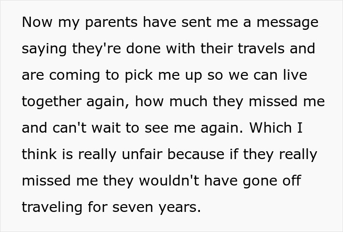 Mensaje de texto que expresa sentimientos encontrados sobre los padres que regresan de un viaje mundial de 7 años y desean reunirse.