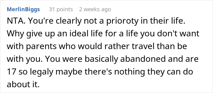 Comentario discutiendo una vida de 17 años sacudida después de que los padres regresan de un viaje mundial de 7 años, sintiéndose abandonado y no deseado.