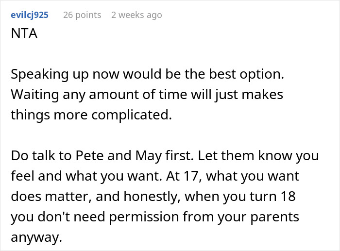 Captura de pantalla de un comentario de Reddit asesorando a un joven de 17 años para manejar a los padres que regresan de un largo viaje mundial.
