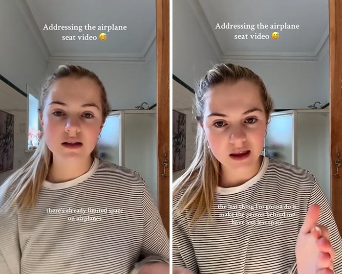 Mujer que se dirige al video del asiento del avión, discutiendo el problema del asiento del avión reclinado que causa incomodidad en un vuelo.