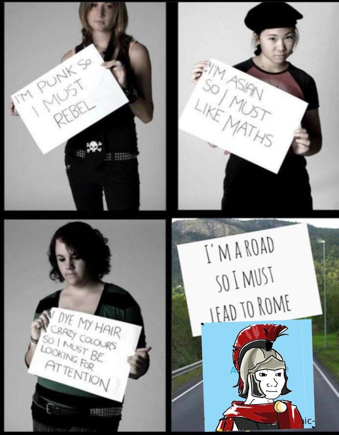 Soy punk, así que debo ser asiático, así que debo gustarme las matemáticas rebelde, lo soy, así que debo golpear a Roma teñir mi cabello colores locos, así que debo estar buscando atención ic- ta