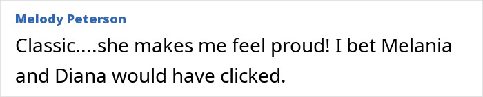 Comentario de Melody Peterson expresando admiración por el estilo clásico de Melania Trump relacionado con las opciones de vestuario.