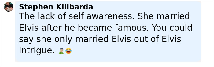 Comentario de Stephen Kilibarda discutiendo a Priscilla Presley y su relación con Elvis Presley después de su fama.