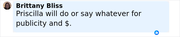Brittany Bliss comentó en línea sobre Priscilla presely, discutiendo publicidad y motivos financieros.