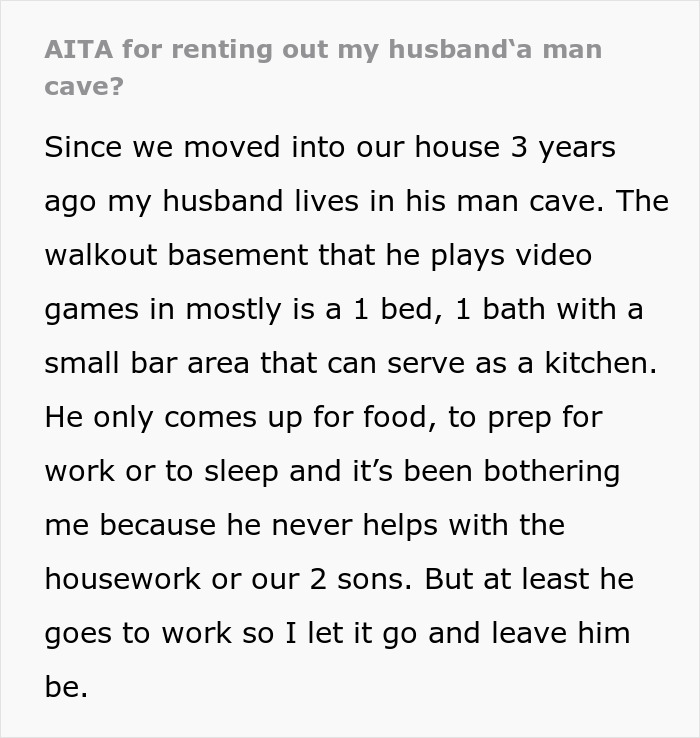 Texto alternativo: la mujer alquila la cueva del hombre de marido después de que se niega a trabajar o ayuda con las tareas domésticas y el cuidado de los niños en el hogar.