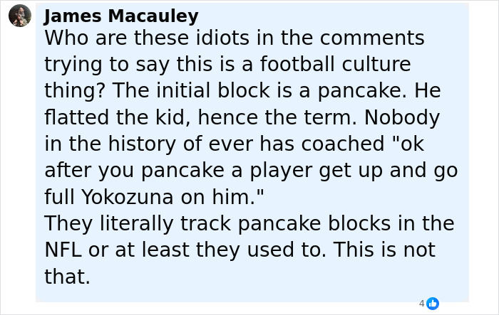 Comentario discutiendo la cultura del fútbol y los bloqueos de panqueques en medio de la acción escolar contra el jugador de fútbol que fracturó la columna rival.