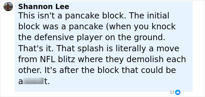 Captura de pantalla de un comentario en las redes sociales sobre un bloque de fútbol relacionado con la acción fuerte y decisiva de una escuela contra un jugador.