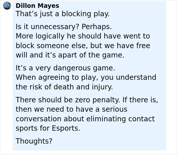 Comentario discutiendo el juego de juego y los riesgos en el fútbol, ​​relacionado con la acción fuerte y decisiva de la escuela contra el rival de lesiones de jugadores.