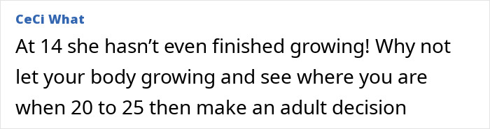 Comentario discutiendo preocupaciones sobre la cirugía de senos en una niña de 14 años sin el consentimiento de los padres después del resultado fatal.