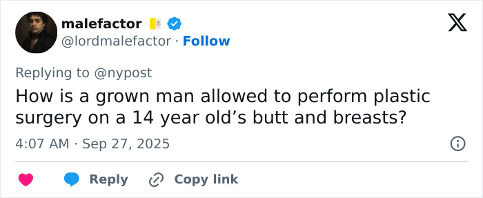 Tweet discutiendo el cirujano que realizó una ampliación fatal de los senos sobre el niño de 14 años y cuestionó la legalidad del procedimiento.