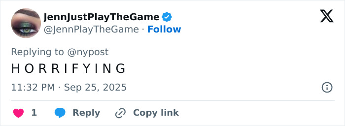 Tweet por el usuario Jennjustplaythegame reaccionando con la palabra horrible para las noticias sobre el cirujano y la madre de la adolescente detenida.