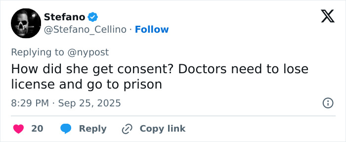 Tweet de Stefano Cellino cuestionando el consentimiento y pidiendo a los médicos que pierdan licencia y enfrenten prisión en el caso de detención del cirujano