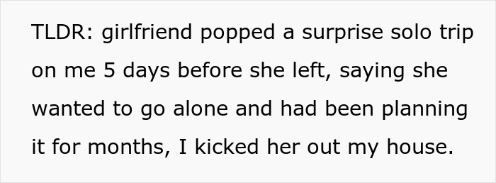 Texto que muestra un viaje sorpresa en solitario planeado con meses de anticipación, revelado cinco días antes de irse, causando problemas de relación.