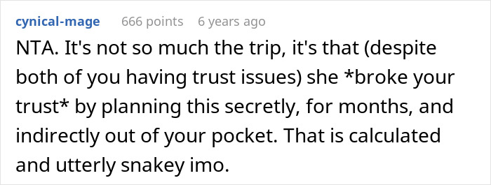 Captura de pantalla de un comentario en el foro discutiendo a una mujer que planea un viaje en solitario durante meses y lo revela a su pareja en el último momento.