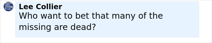 Comentario de Lee Collier preguntando si muchos de los detenidos que faltan en los registros de ICE están muertos, destacando el problema de los detenidos desaparecidos.