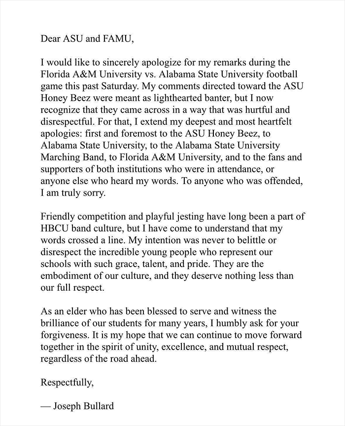 Carta de disculpa del locutor de la banda universitaria que aborda la reacción violenta para los bailarines de talla grande de Bodyshaming en el Show de medio tiempo.