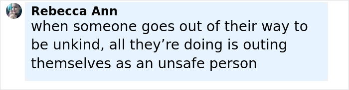 Mensaje de texto de Rebecca Ann expresando un punto de vista sobre la crueldad y la seguridad, relacionado con la reacción violenta de Bodyshaming.