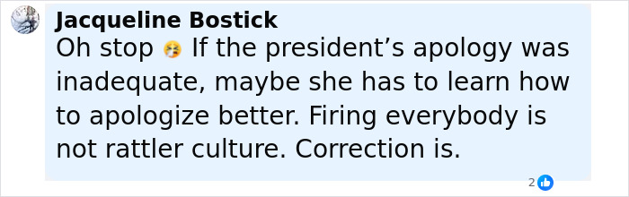 Comentario de Facebook de Jacqueline Bostick reaccionando al locutor de la banda universitaria Bodyshaming Dancers de talla grande Apology Apology.