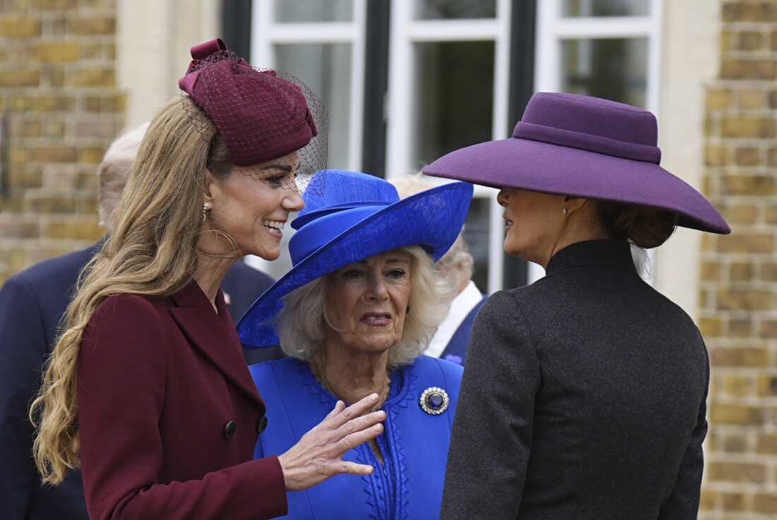 Kate de Gran Bretaña, Princesa de Gales, la Reina Camilla y la Primera Dama Melania Trump en el Castillo de Windsor.