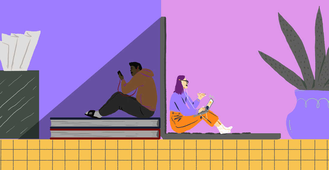 Una ilustración de estudiantes de secundaria en sus dispositivos.