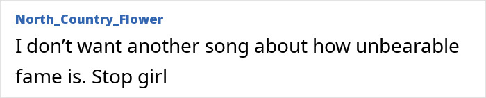 Publicación de texto que muestra un comentario de reacción sobre la fama insoportable, relacionada con las letras filtradas de Taylor Swift de la vida de una showgirl.