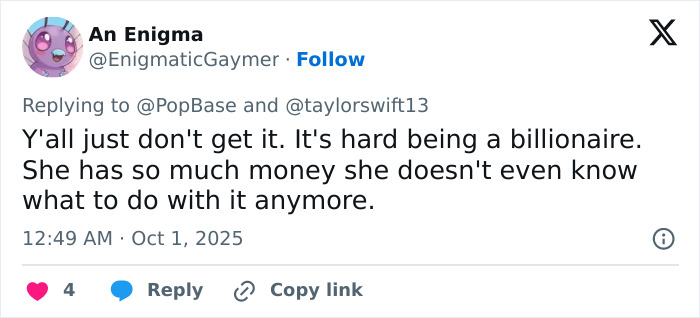 El usuario de Twitter responde a Taylor Swift, abordando la reacción sorda de tono sobre las letras filtradas de showgirl.