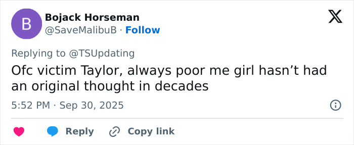 Captura de pantalla de un tweet criticando a Taylor Swift con una reacción sorda de tono sobre letras filtradas de la vida de una showgirl.