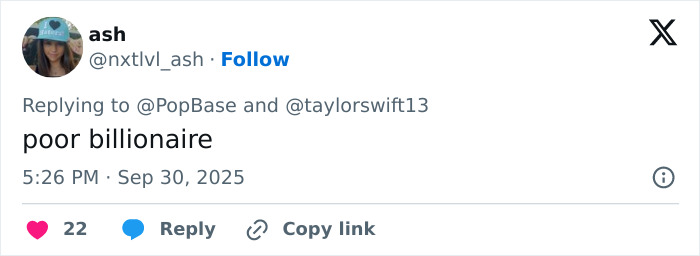 Captura de pantalla de una respuesta en las redes sociales criticando a Taylor Swift en medio de una reacción violenta sobre letras filtradas de la vida de una showgirl.