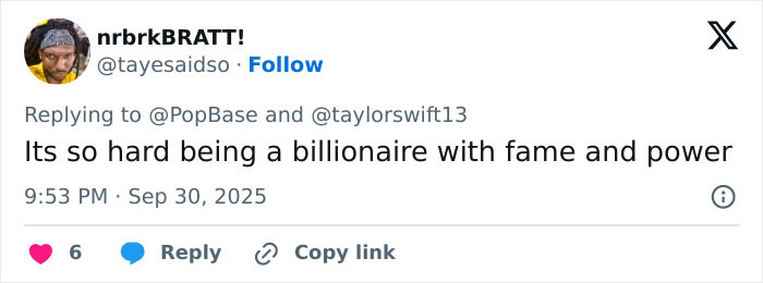 Captura de pantalla de una respuesta de Twitter criticando la fama y el poder en respuesta a la controversia de las letras filtradas de Taylor Swift.