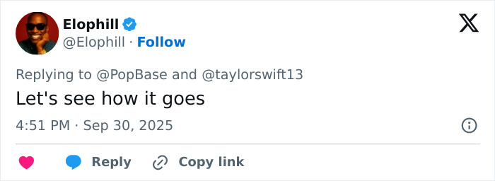 Captura de pantalla de una respuesta de Twitter a Taylor Swift sobre la reacción violenta sobre las letras filtradas de la vida de una showgirl.