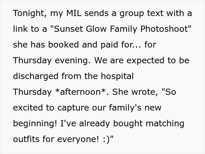 Texto grupal de la sesión de fotos familiares de MIL justo después de que la nuera da a luz, causando tensión con mi esposo.