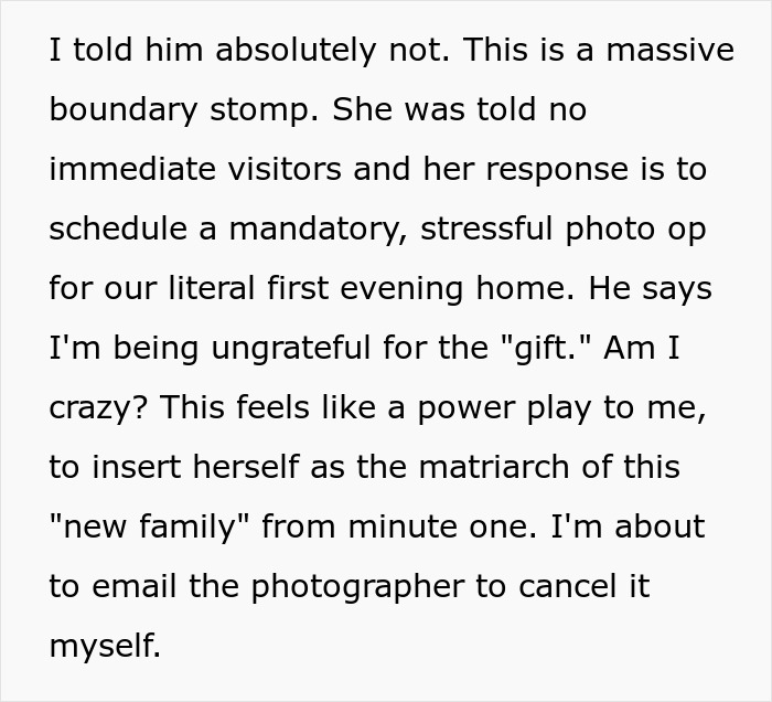 Texto que discute a MIL dominante reservando una sesión de fotos estresante justo después de que Dil da a luz, causando conflicto con mi esposo.