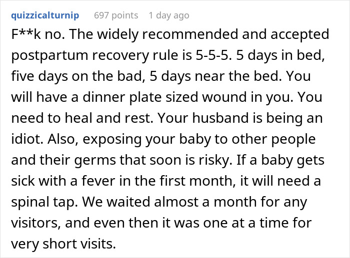 Comentario discutiendo las reglas de recuperación posparto y las preocupaciones sobre el dominio de MIL reservando una sesión de fotos después de que DIL da a luz.