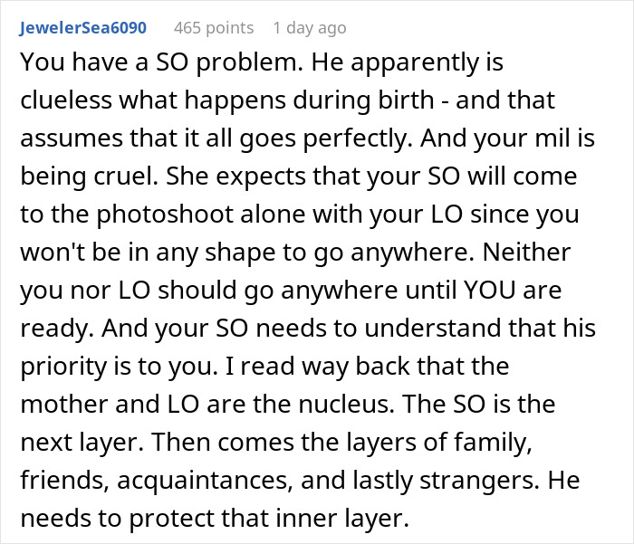 Comentario discutiendo a MIL dominante forzando la sesión de fotos después de que Dil da a luz, con el esposo del lado de MIL.