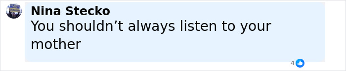 Comentario de Facebook de Nina Stecko afirmando que no siempre debe escuchar a su madre, relacionado con el forense que expone a mamá que influye en el rechazo de la quimioterapia.